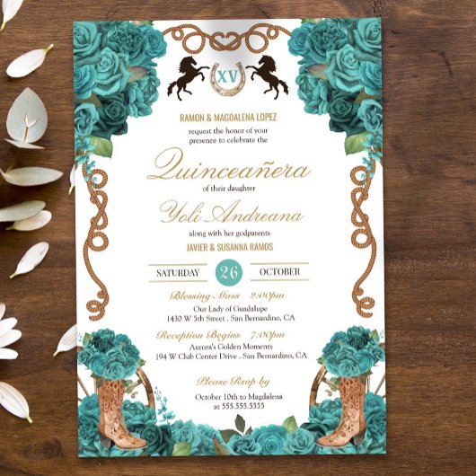 Invitation Turquoise Bleu Rose Ouest Charro Quinceanera