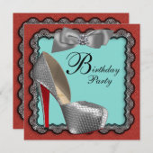 Invitation Turquoise Bleu Rouge Noir & Argent Chaussure à tal (Devant / Derrière)