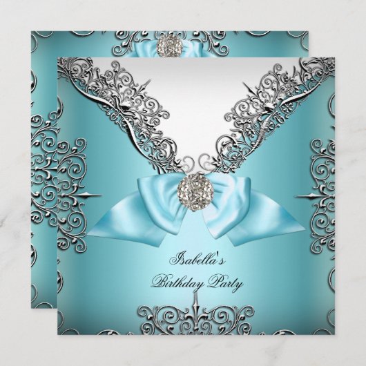 Invitation Turquoise bleu Silver blanc fête d'anniversaire (Devant / Derrière)