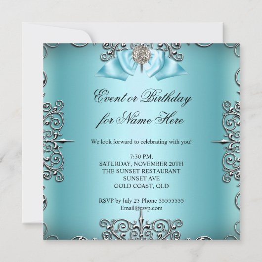 Invitation Turquoise bleu Silver blanc fête d'anniversaire (Dos)