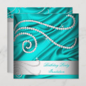 Invitation Turquoise Bleu Soie Diamants Blancs Anniversaire (Devant / Derrière)