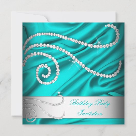 Invitation Turquoise Bleu Soie Diamants Blancs Anniversaire (Devant)