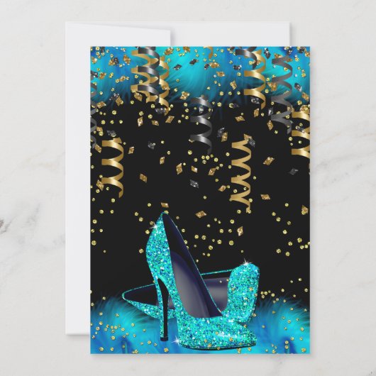 Invitation Turquoise Bleu Talon or parties scintillant de plu (Dos)