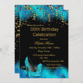 Invitation Turquoise Bleu Talon or parties scintillant de plu (Devant / Derrière)