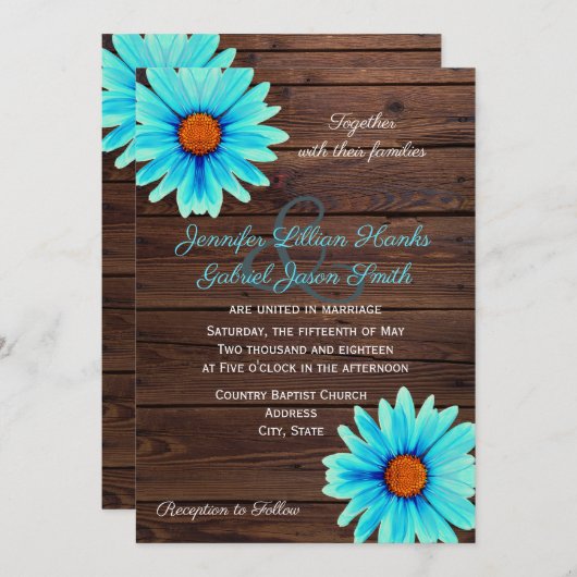 Invitation Turquoise bleu turquoise floral, mariage en bois r (Devant / Derrière)