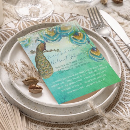 Invitation Turquoise Bleu Vert et Cuivre Peacock Feather
