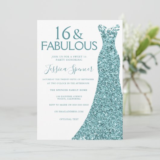 Invitation Turquoise bleu vert Parties scintillant robe sucré (Debout devant)
