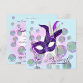 Invitation Turquoise bleu violet bulles Sweet sixteen mascara (Devant / Derrière)
