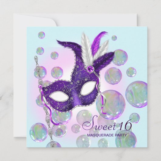 Invitation Turquoise bleu violet bulles Sweet sixteen mascara (Devant)