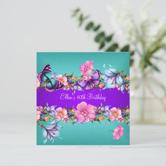 Invitation Turquoise bleu violet papillon rose fête d'anniver (Debout devant)