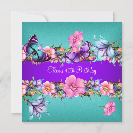 Invitation Turquoise bleu violet papillon rose fête d'anniver (Devant)