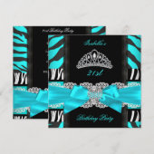 Invitation Turquoise Bleu Zèbre Noir Blanc Tiara fête d'anniv (Devant / Derrière)