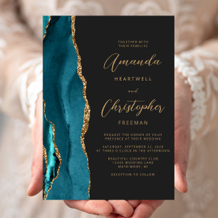 Invitation Turquoise Blue Agate Gold Script Ardoise Mariage