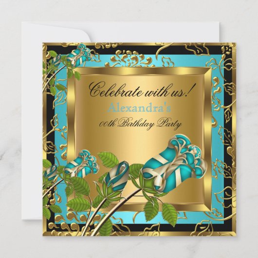 Invitation Turquoise Blue Anniversaire Party or Floral Black  (Devant)