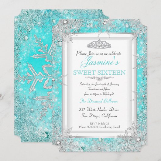 Invitation Turquoise Blue Aqua Silver Winter Wonderland Sweet (Devant / Derrière)