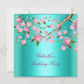 Invitation Turquoise Blue Asiatique Floral fête d'anniversair (Devant)