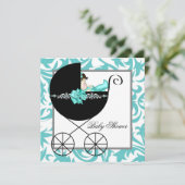 Invitation Turquoise Blue Baby Carriage Baby Shower Invitatio (Debout devant)