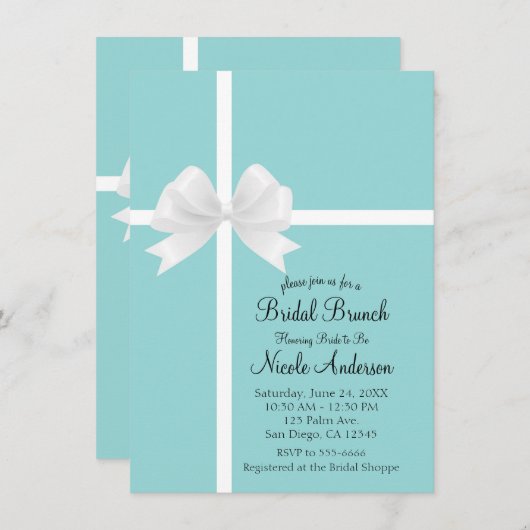 Invitation Turquoise Blue Big White Bow Fête des mariées (Devant / Derrière)
