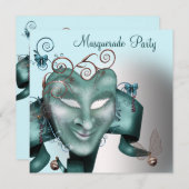 Invitation Turquoise Blue Birthday Masquerade Party (Devant / Derrière)