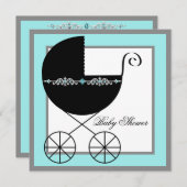 Invitation Turquoise Blue Black Carriage Bébé Douche Invitati (Devant / Derrière)
