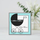 Invitation Turquoise Blue Black Carriage Bébé Douche Invitati (Debout devant)