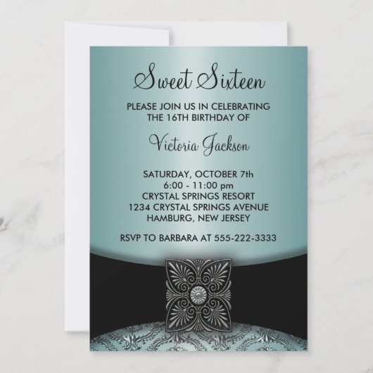 Invitation Turquoise Blue Black Damask Sweet sixteen Party (Devant)