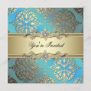 Invitation Turquoise Blue Black Gold Damask Party