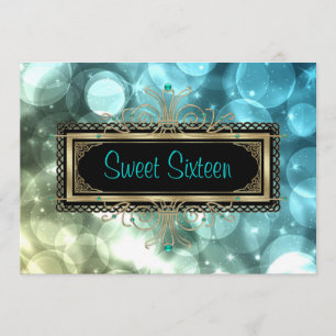 Invitation Turquoise Blue Black Gold Sweet sixteen fête d'ann