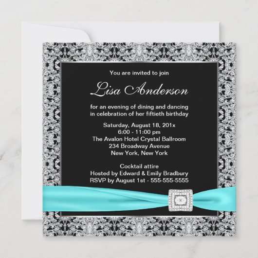 Invitation Turquoise Blue Black Lace femmes 50e fête d'annive (Devant)