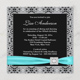 Invitation Turquoise Blue Black Lace femmes 50e fête d'annive