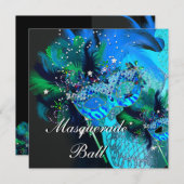 Invitation Turquoise Blue Black Masquerade Ball Party (Devant / Derrière)