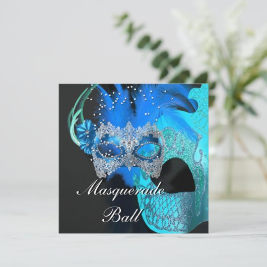 Invitation Turquoise Blue Black Masquerade Ball Party (Debout devant)