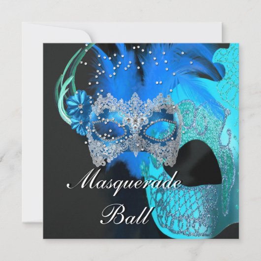 Invitation Turquoise Blue Black Masquerade Ball Party (Devant)
