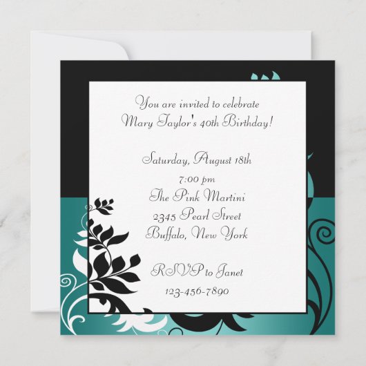 Invitation Turquoise Blue Black Womans 40e fête d'anniversair (Dos)