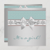 Invitation Turquoise Blue Bow Baby Girl Douche (Devant / Derrière)