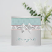 Invitation Turquoise Blue Bow Baby Girl Douche (Debout devant)