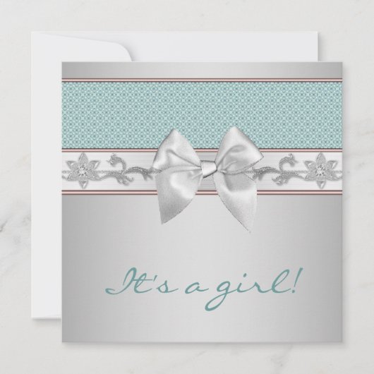 Invitation Turquoise Blue Bow Baby Girl Douche (Devant)