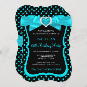 Invitation Turquoise Blue Bow Black Pois fête d'anniversaire