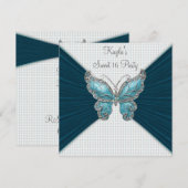 Invitation Turquoise Blue Butterfly Sweet sixteen Anniversair (Devant / Derrière)