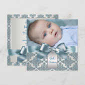 Invitation Turquoise Blue Damask Baby Boy Photo Christening (Devant / Derrière)