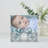 Invitation Turquoise Blue Damask Baby Boy Photo Christening (Debout devant)