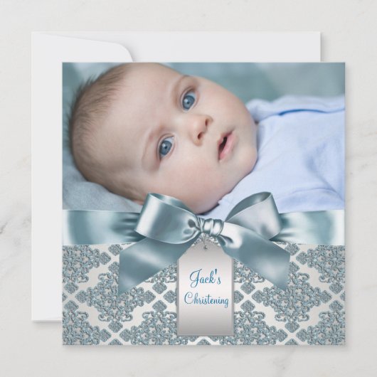 Invitation Turquoise Blue Damask Baby Boy Photo Christening (Devant)