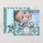 Invitation Turquoise Blue Damask Baby Boy Photo Christening (Devant / Derrière)