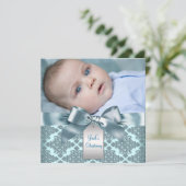 Invitation Turquoise Blue Damask Baby Boy Photo Christening (Debout devant)