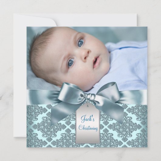 Invitation Turquoise Blue Damask Baby Boy Photo Christening (Devant)