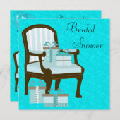 Invitation Turquoise Blue Damask Chaise Fête des mariées cade (Devant / Derrière)