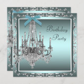 Invitation Turquoise Blue Damask Chandelier fête d'anniversai (Devant / Derrière)