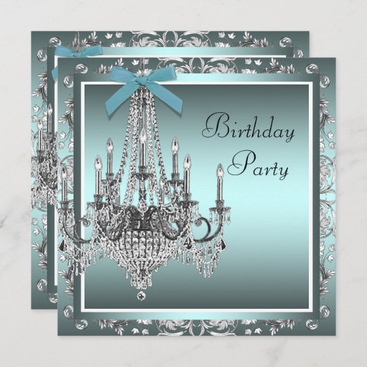 Invitation Turquoise Blue Damask Chandelier fête d'anniversai (Devant / Derrière)