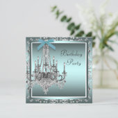 Invitation Turquoise Blue Damask Chandelier fête d'anniversai (Debout devant)