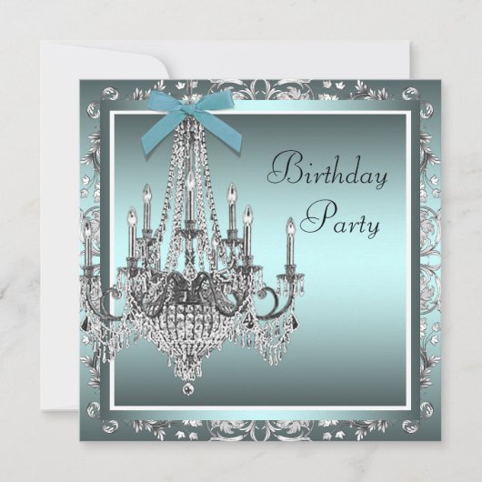 Invitation Turquoise Blue Damask Chandelier fête d'anniversai (Devant)